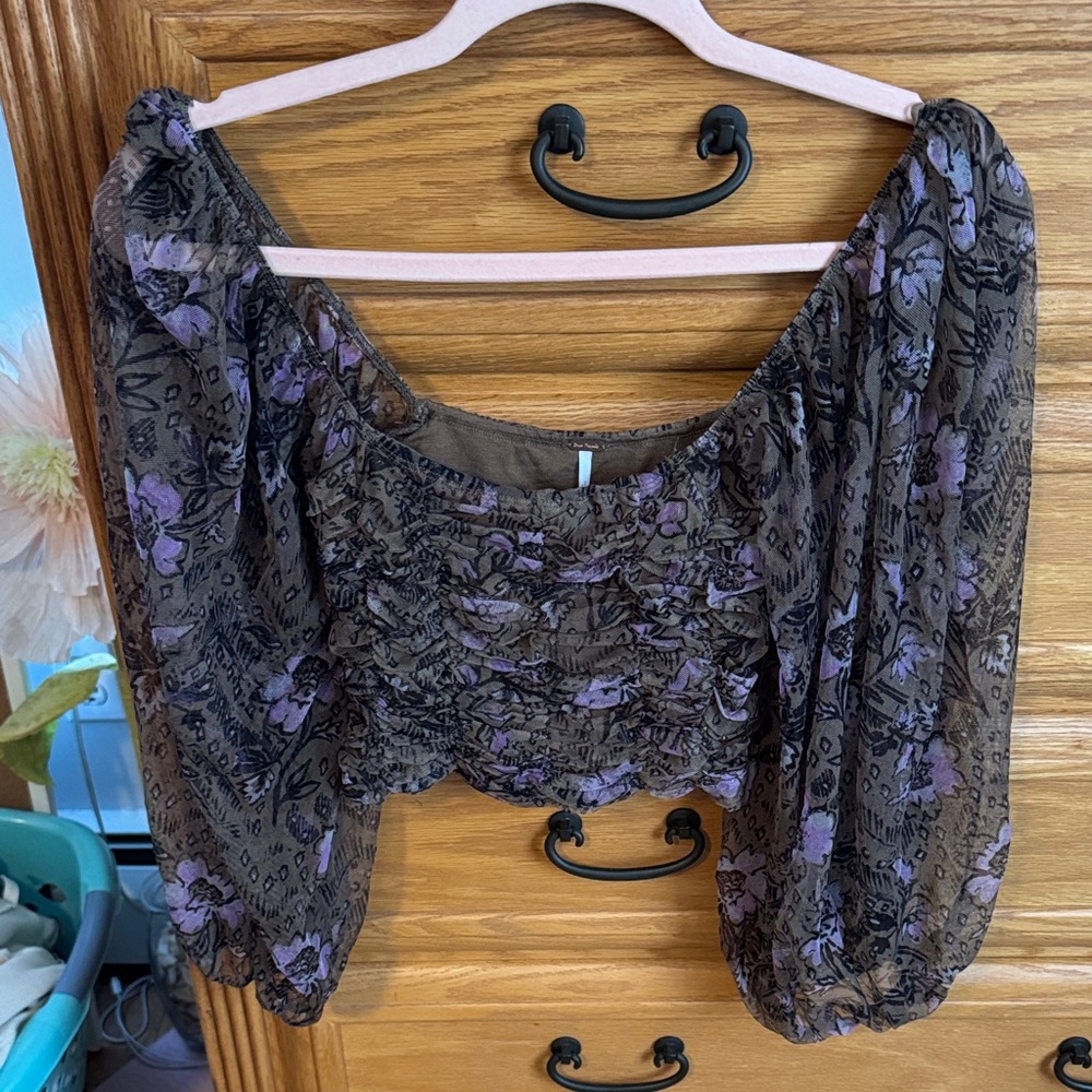 Free People Floral Puff Sleeve Blouse - Purple and Brown